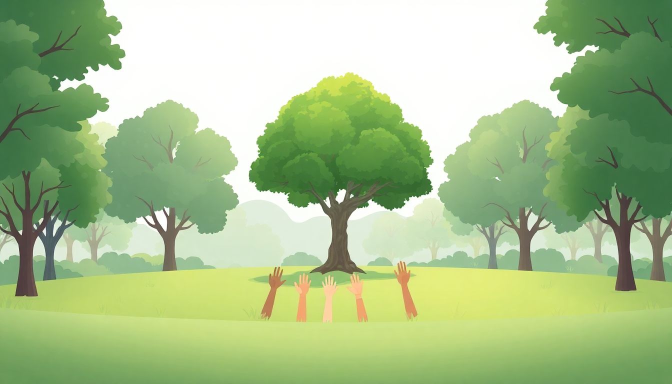 "Hands reaching for a tree symbolizing unity."