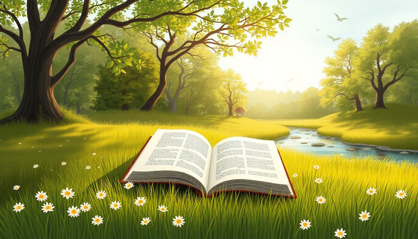 "Open book in nature symbolizes literary harmony."