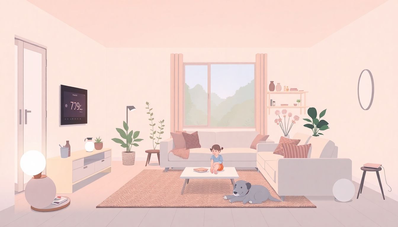 Cozy smart home living room with warm tones.
