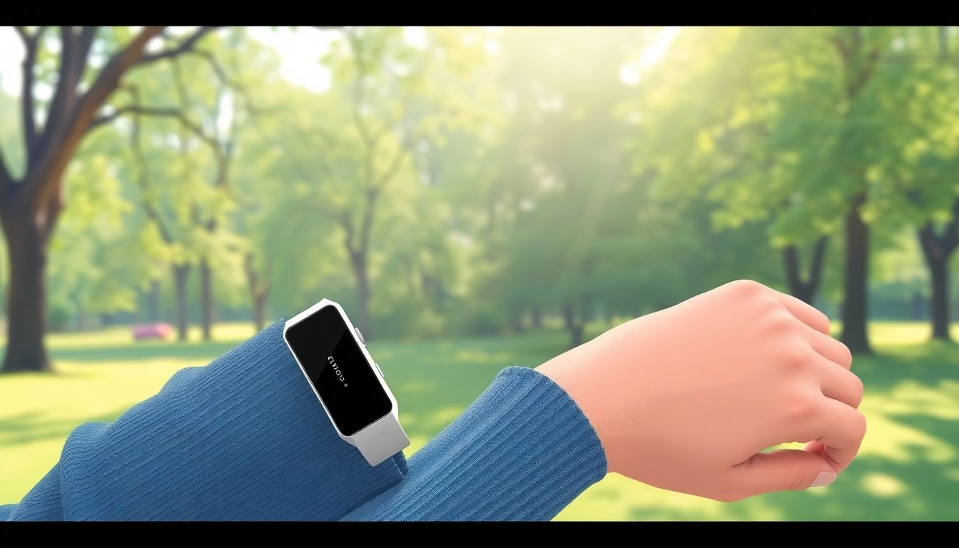 Senior enjoying nature with a sleek wearable device.