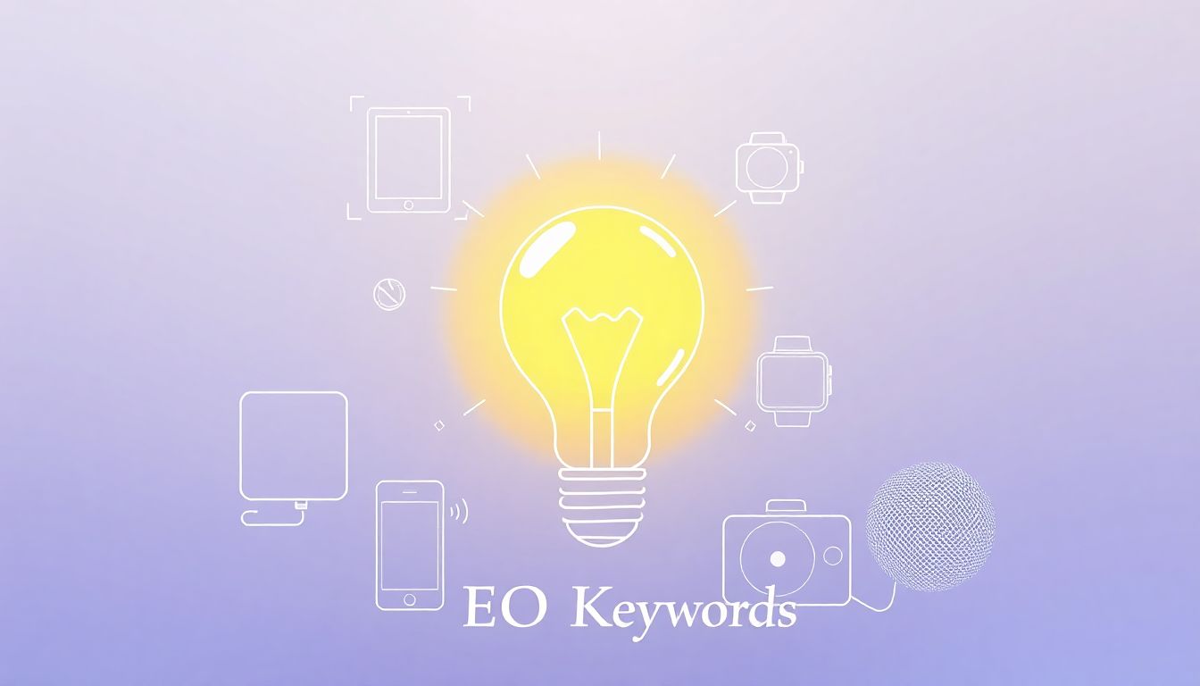 Abstract illustration of SEO keywords and gadgets.