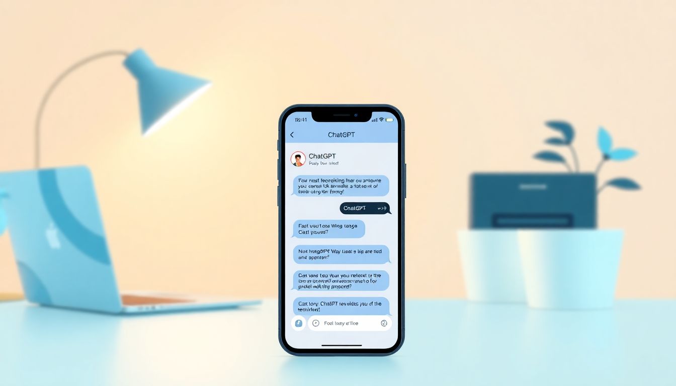 Cozy home office with smartphone chat interface.