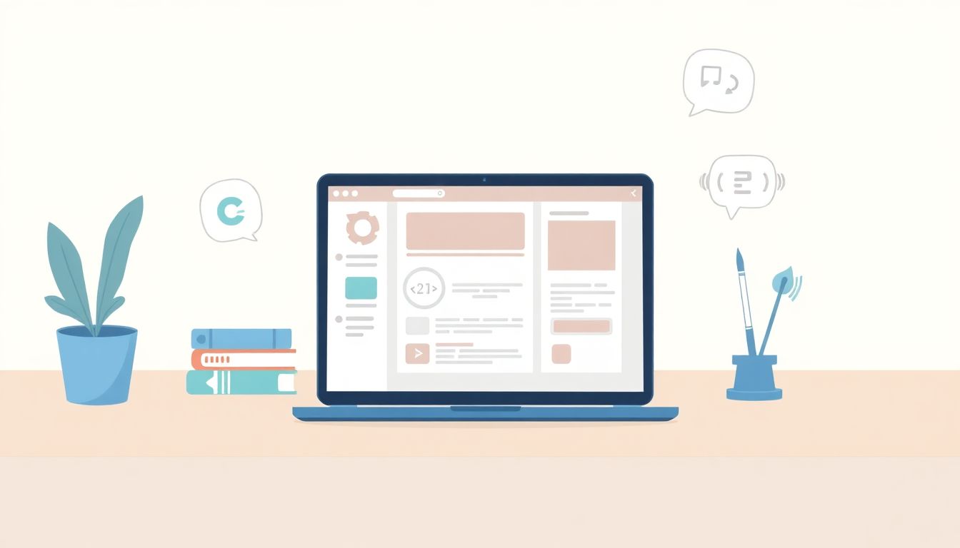 Whimsical mobile game development workspace illustration.