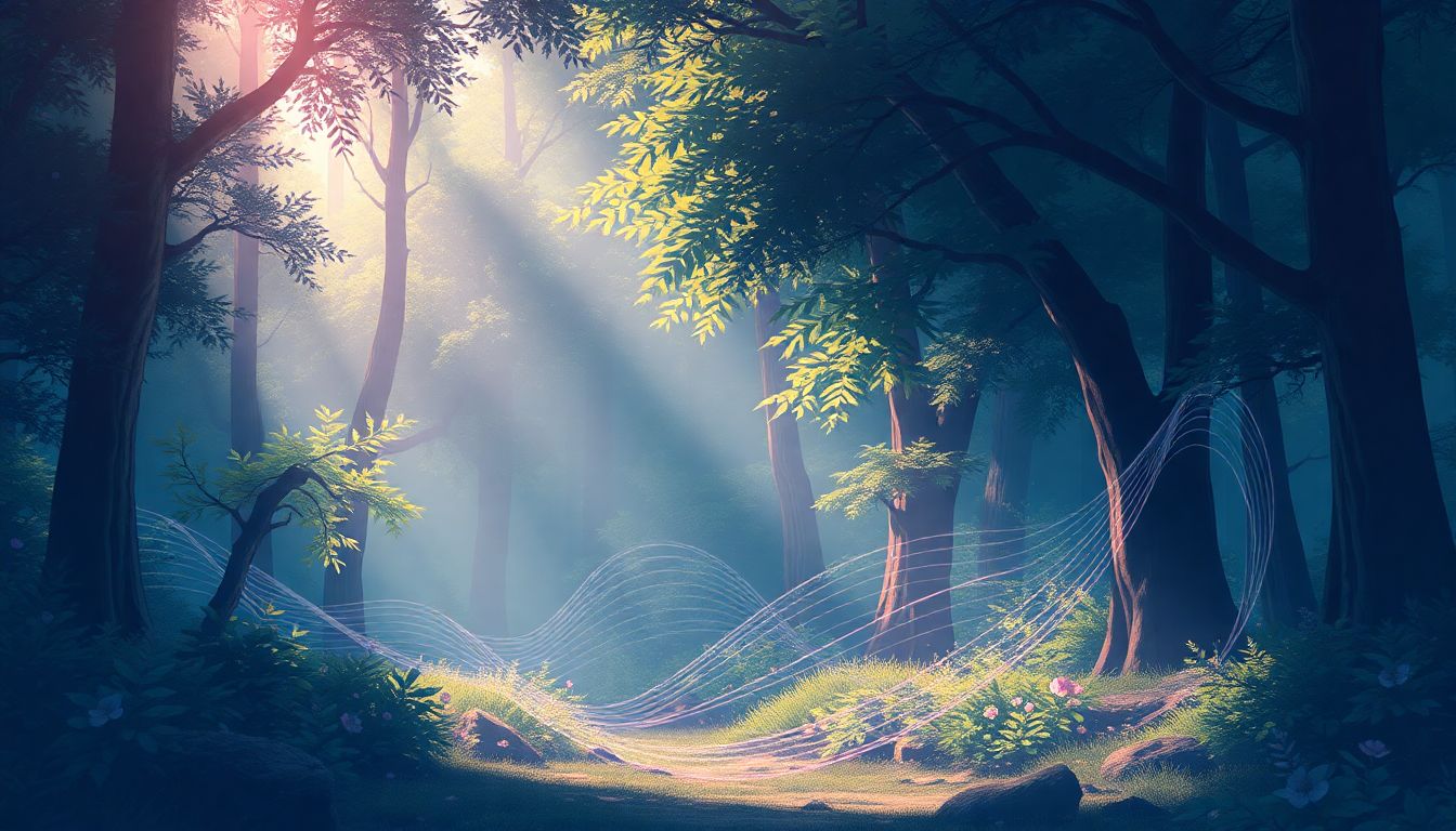 "Enchanting forest with visual sound waves."