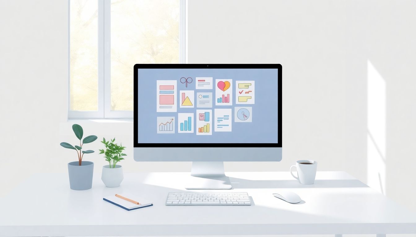 Minimalist workspace with a colorful sketch display.