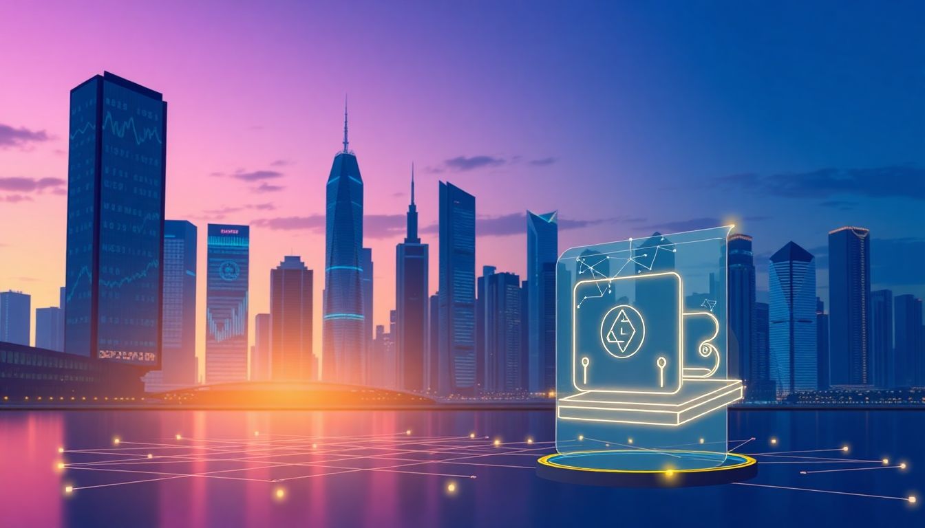 Futuristic fintech city skyline at dusk.