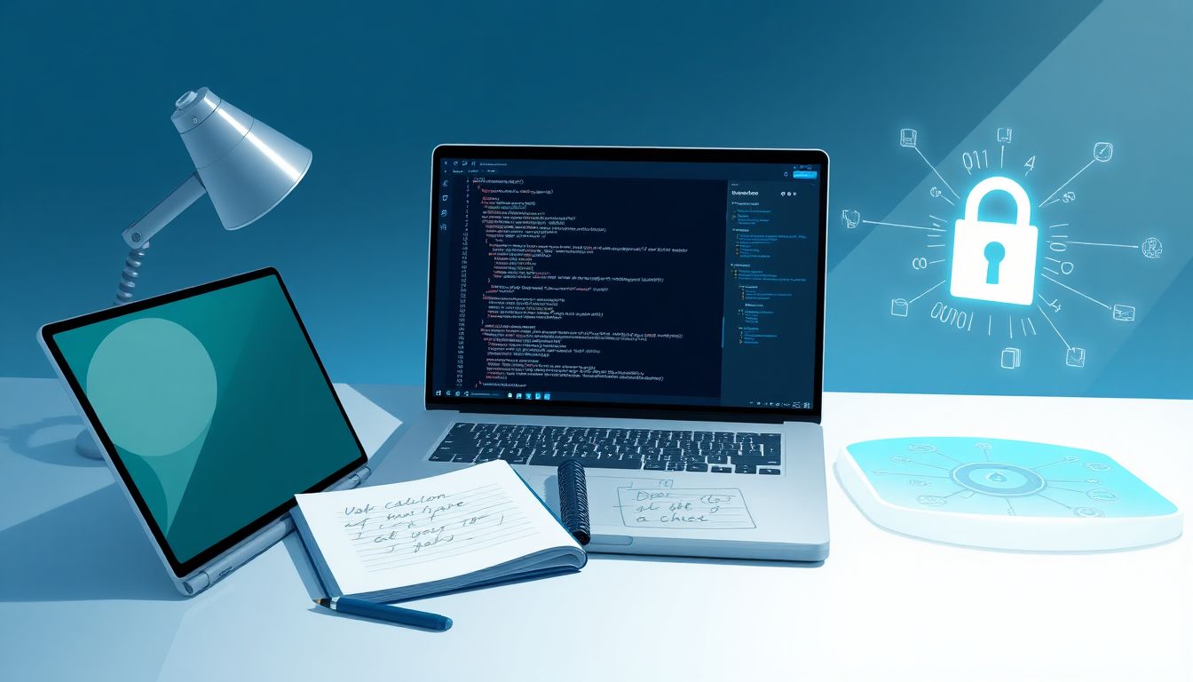 Futuristic ethical hacker's minimalist workspace illustration.