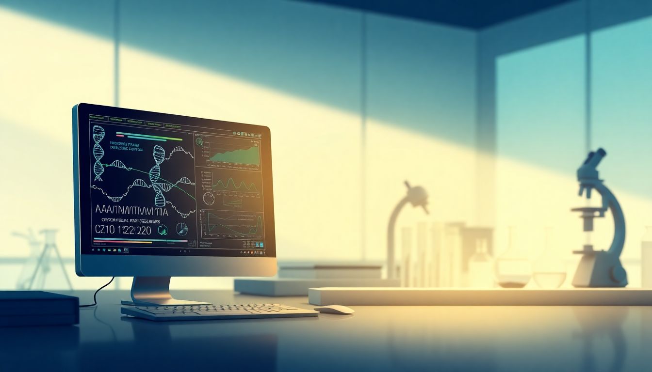 AI in bioinformatics within a serene lab setting.