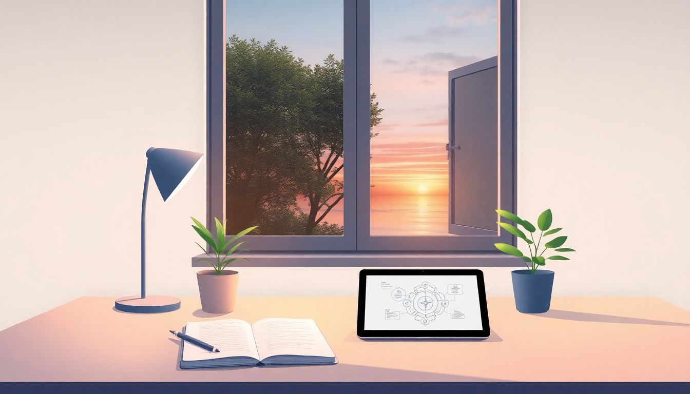 Serene medical workspace with innovative tools and nature.