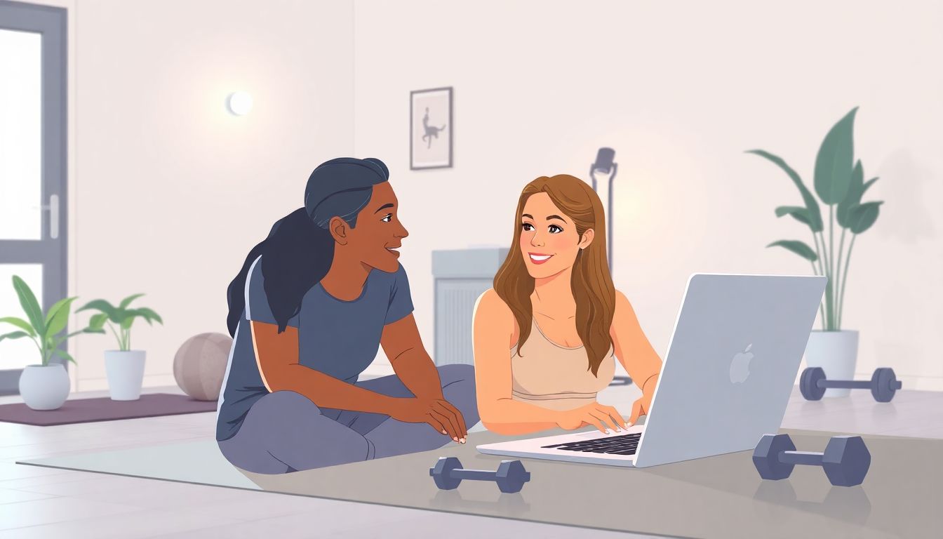 Virtual fitness coaching in a welcoming home gym.