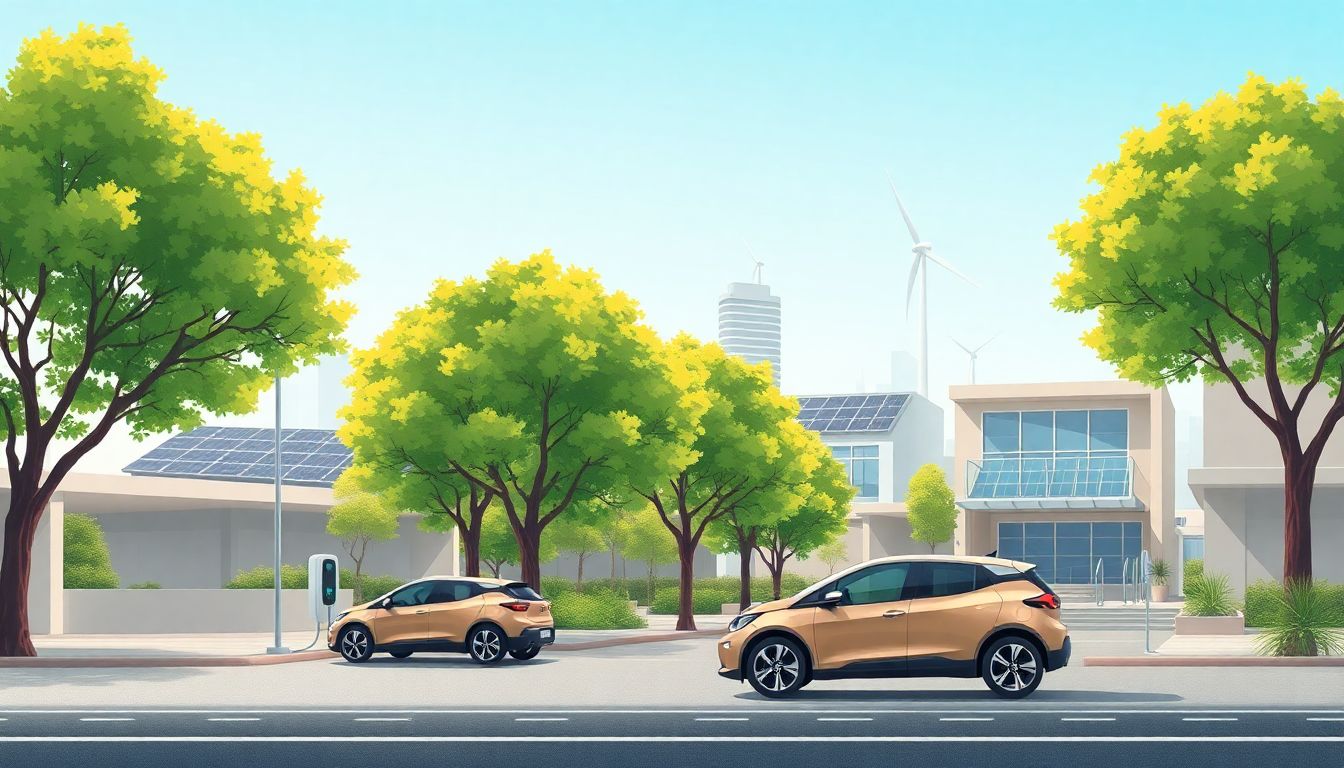 Serene cityscape showcasing electric vehicles and sustainability.
