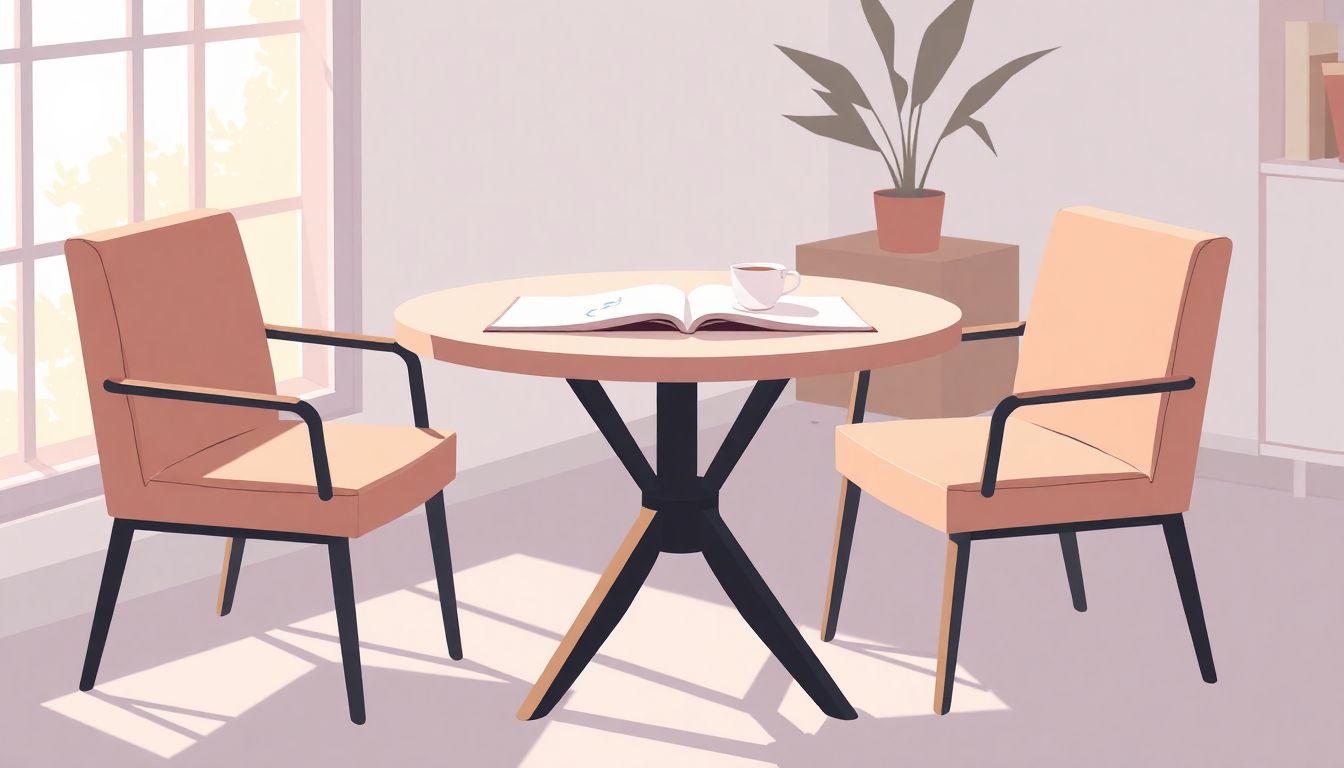 Mentorship scene with table, notebooks, and warmth.