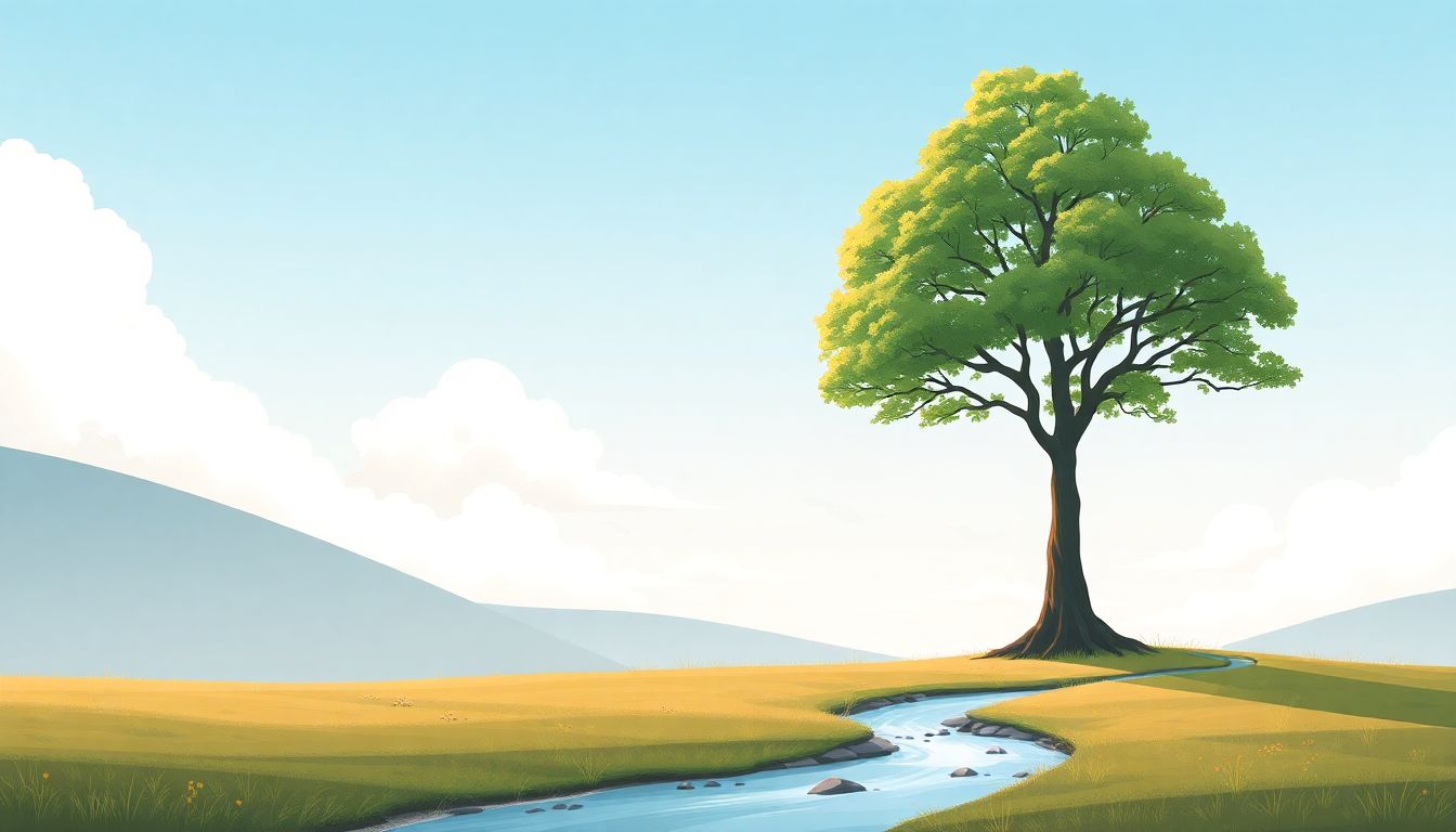 "Tree and stream symbolize leadership and balance."