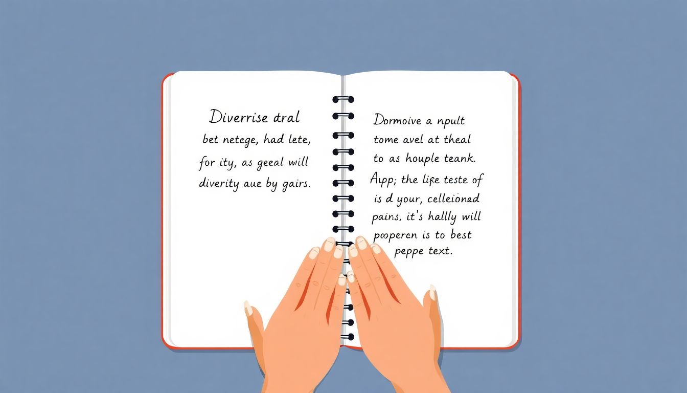 Diverse hands support an open notebook symbolizing inclusivity.