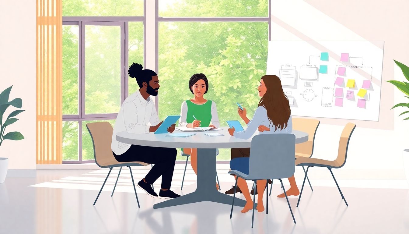 Diverse team brainstorming in a serene workspace.