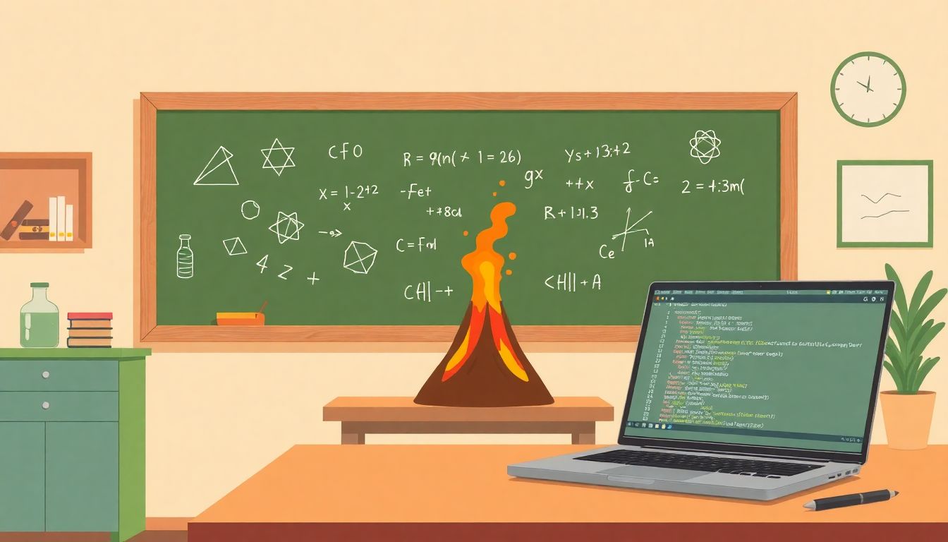Serene classroom showcasing math, science, and technology.