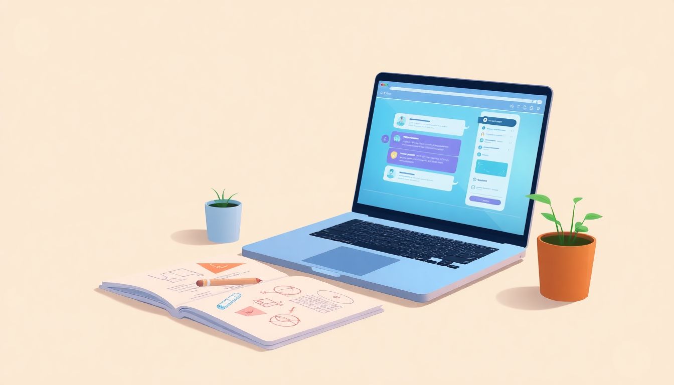 Serene workspace with laptop, notebook, and plant.