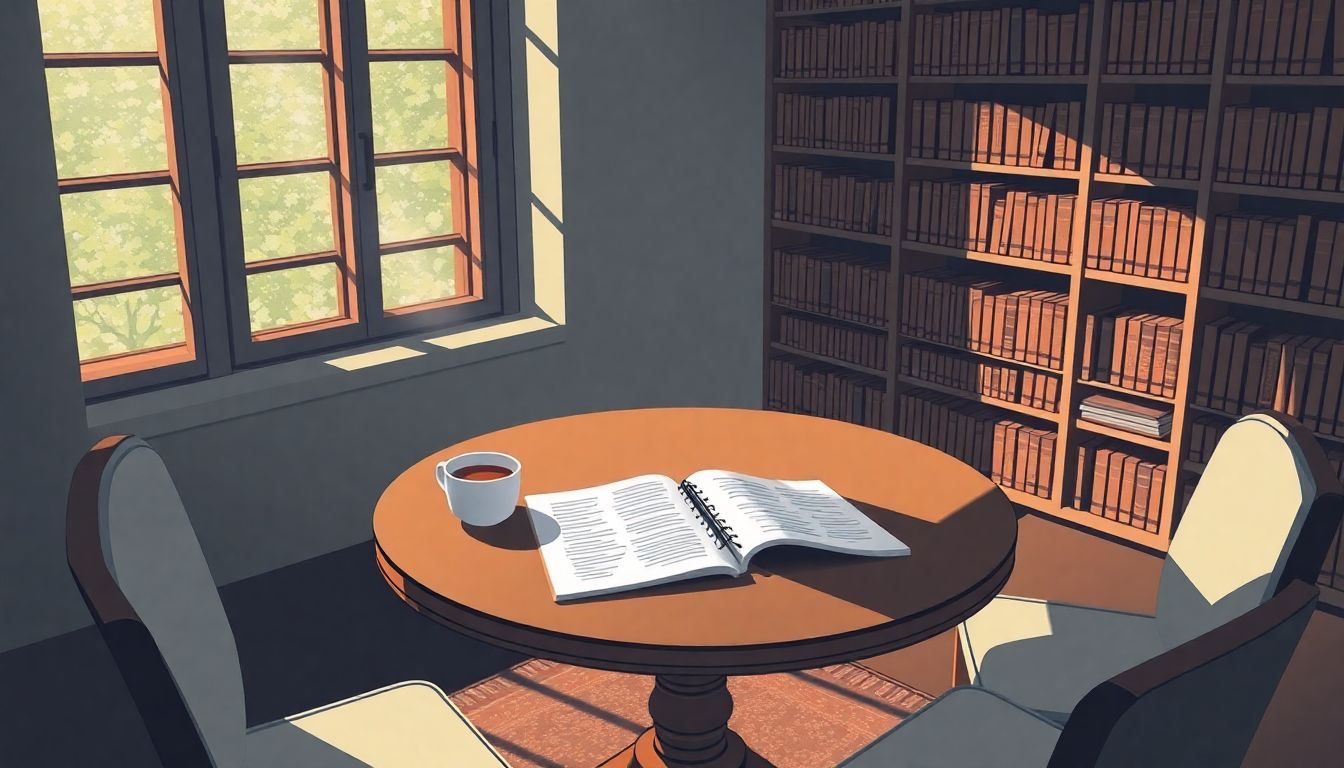 Philosophical inquiry in a serene library setting.