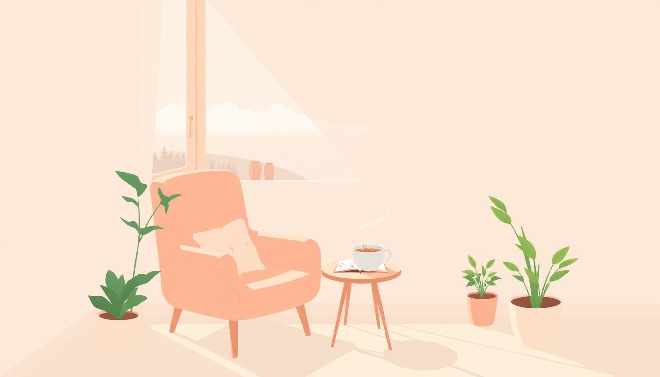 Cozy self-care corner with tea and plants.