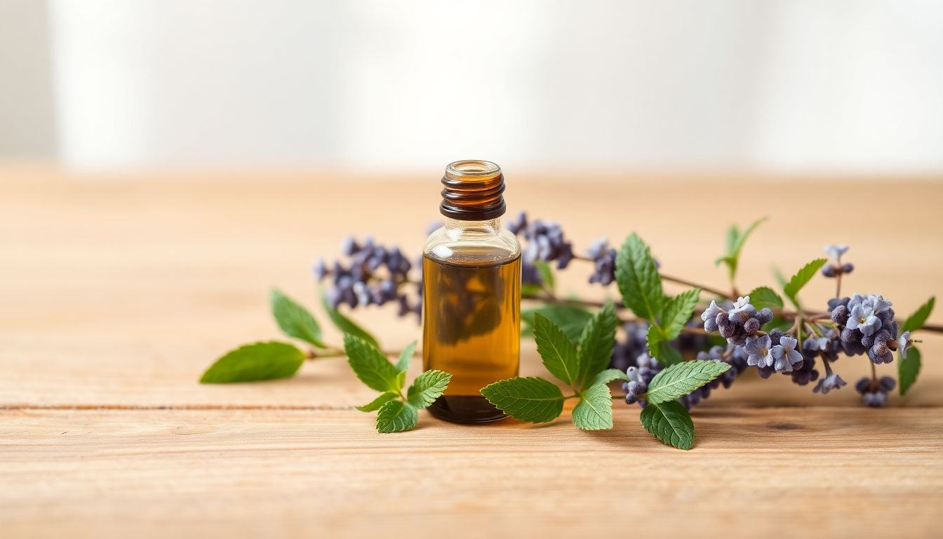 Elegant essential oil bottle with calming herbs.
