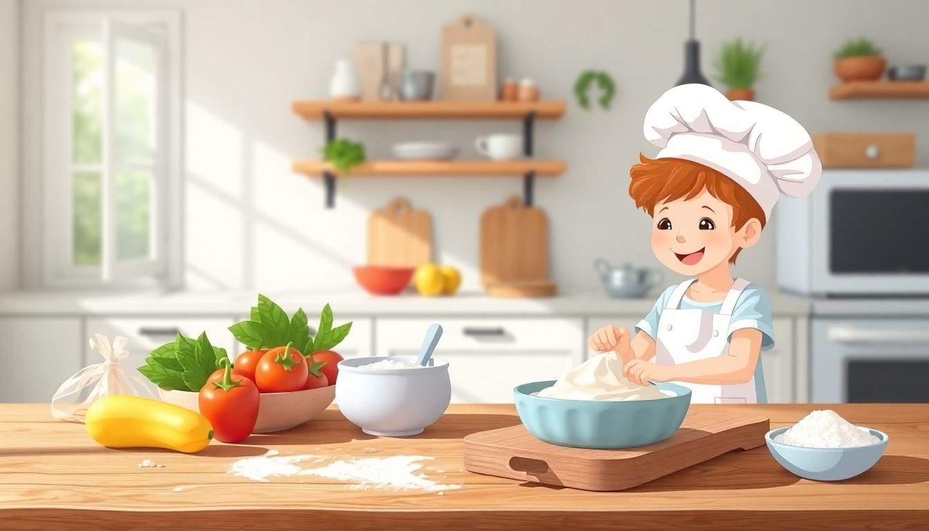 Child cooking gluten-free in a sunny kitchen.