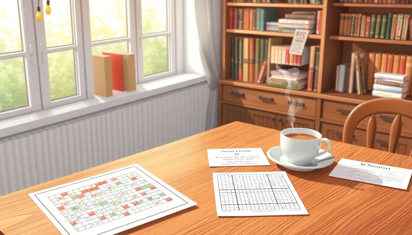 Cozy puzzle-solving space with light and books.