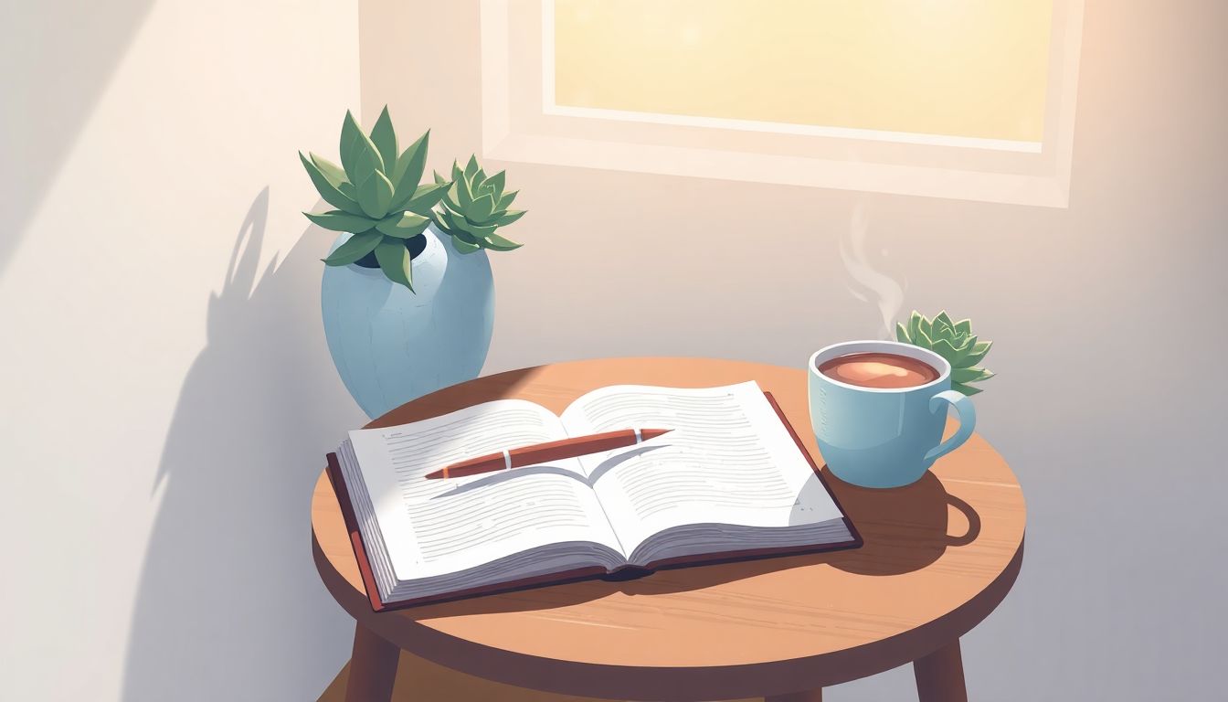 Cozy journaling workspace with coffee and quill.