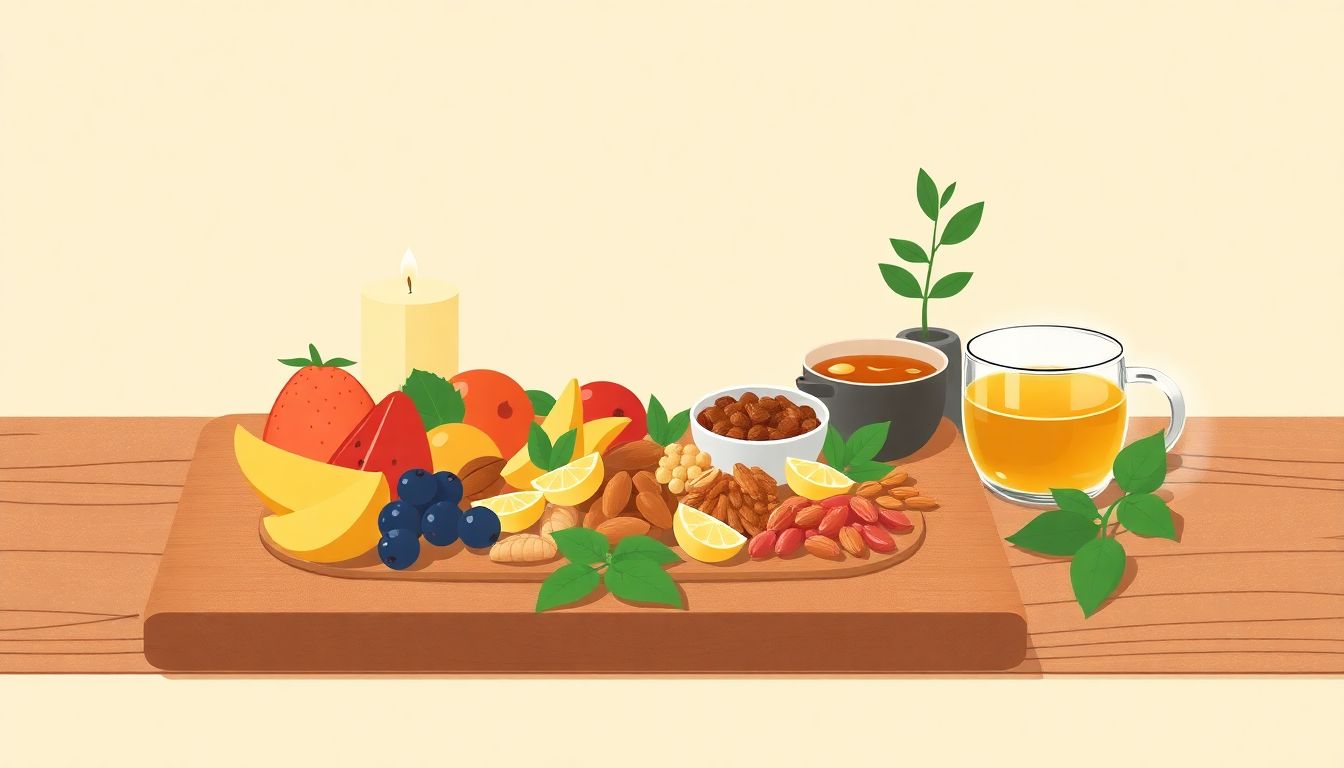 "Minimalistic spa day setting with healthy snacks."