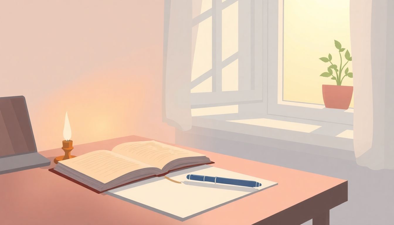 Serene desk scene symbolizing self-reflection and calmness.