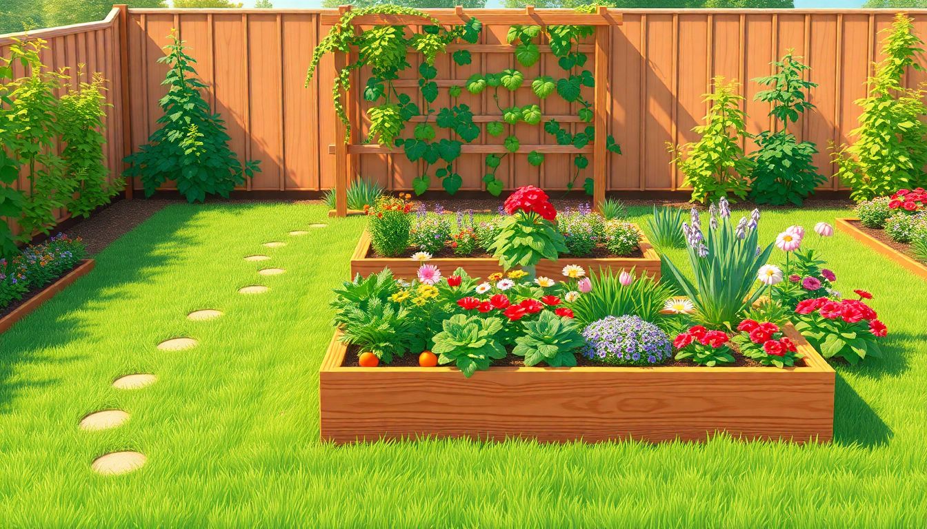 Serene garden with vegetables, flowers, and paths.