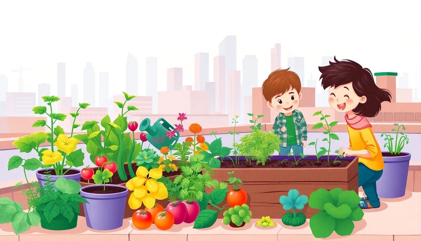 Children joyfully gardening in a vibrant rooftop.