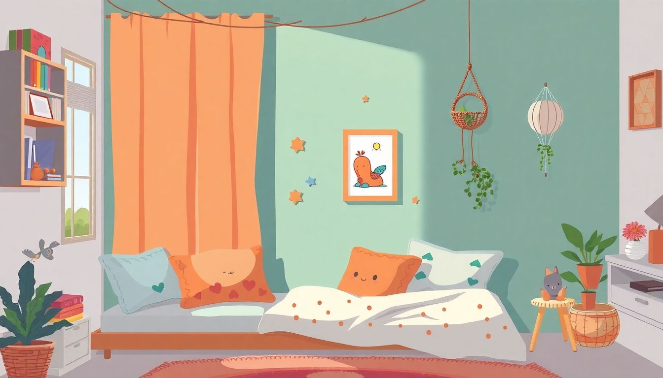 Cozy, colorful children's bedroom with playful decor.