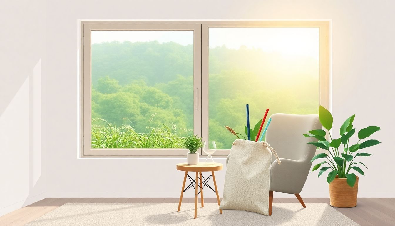 Cozy living room with eco-friendly decor and garden view.