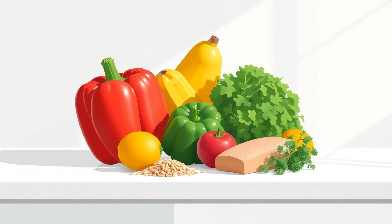 Minimalist kitchen counter with fresh meal ingredients.