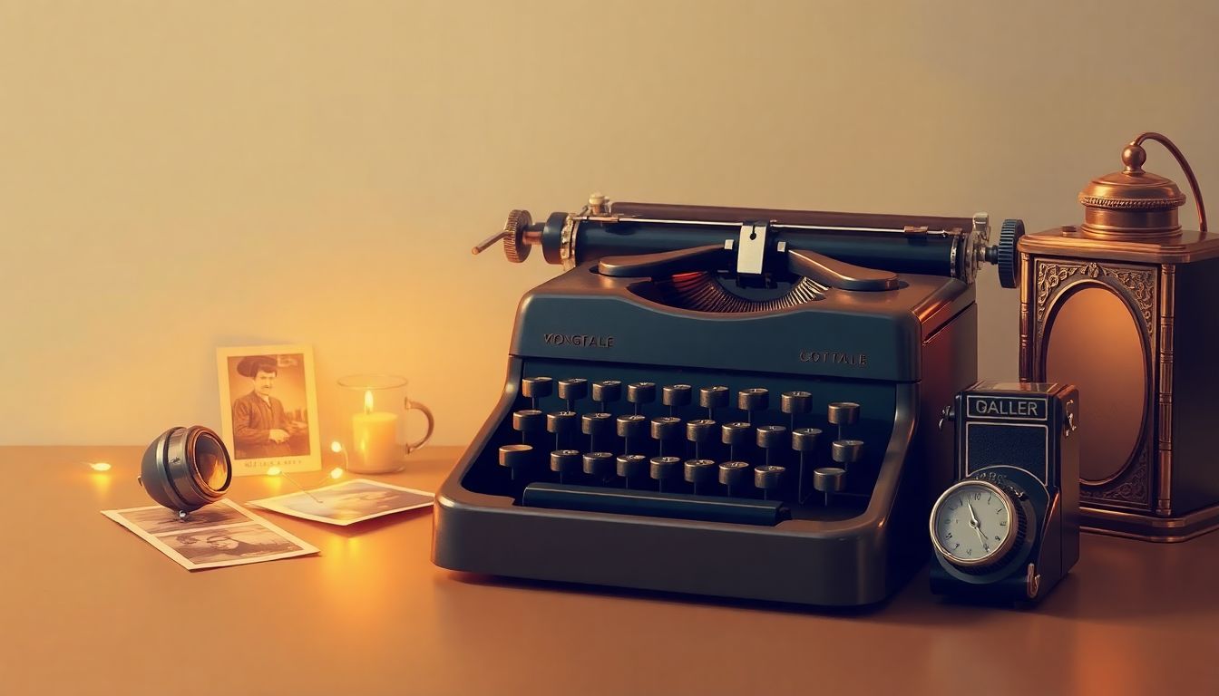 Vintage typewriter surrounded by nostalgic elements.