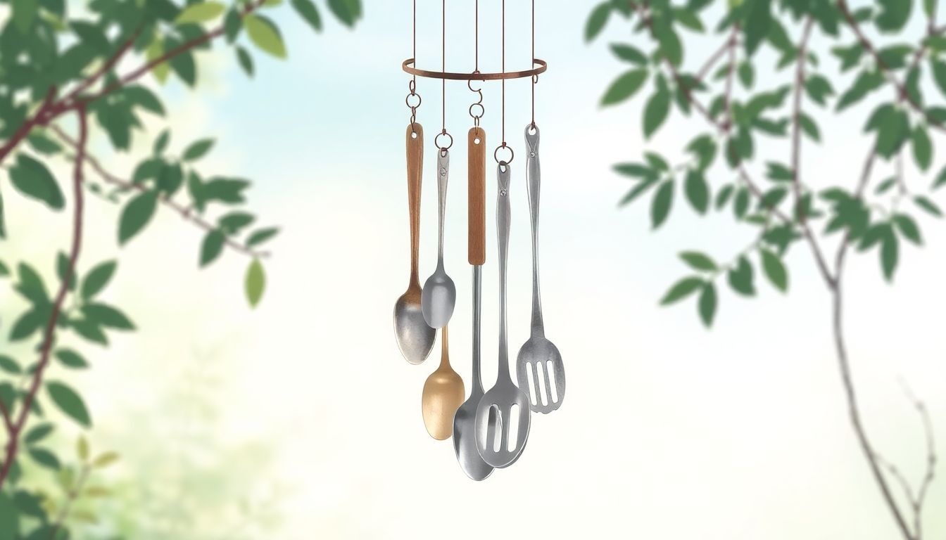 Recycled wind chime in a peaceful garden.
