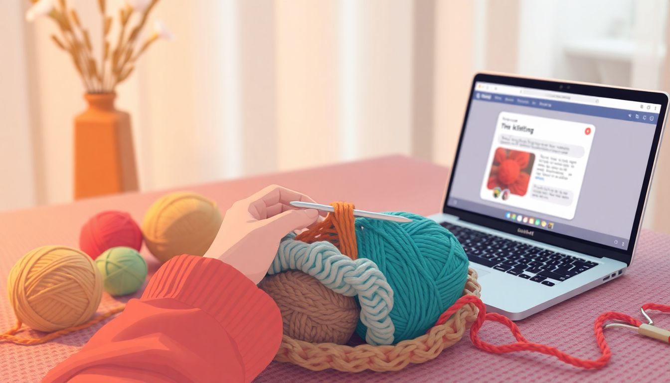 Hands knitting with colorful yarn beside a laptop.