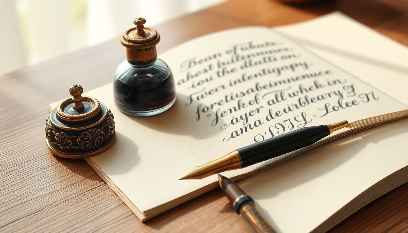 Serene calligraphy workspace with elegant writing tools.