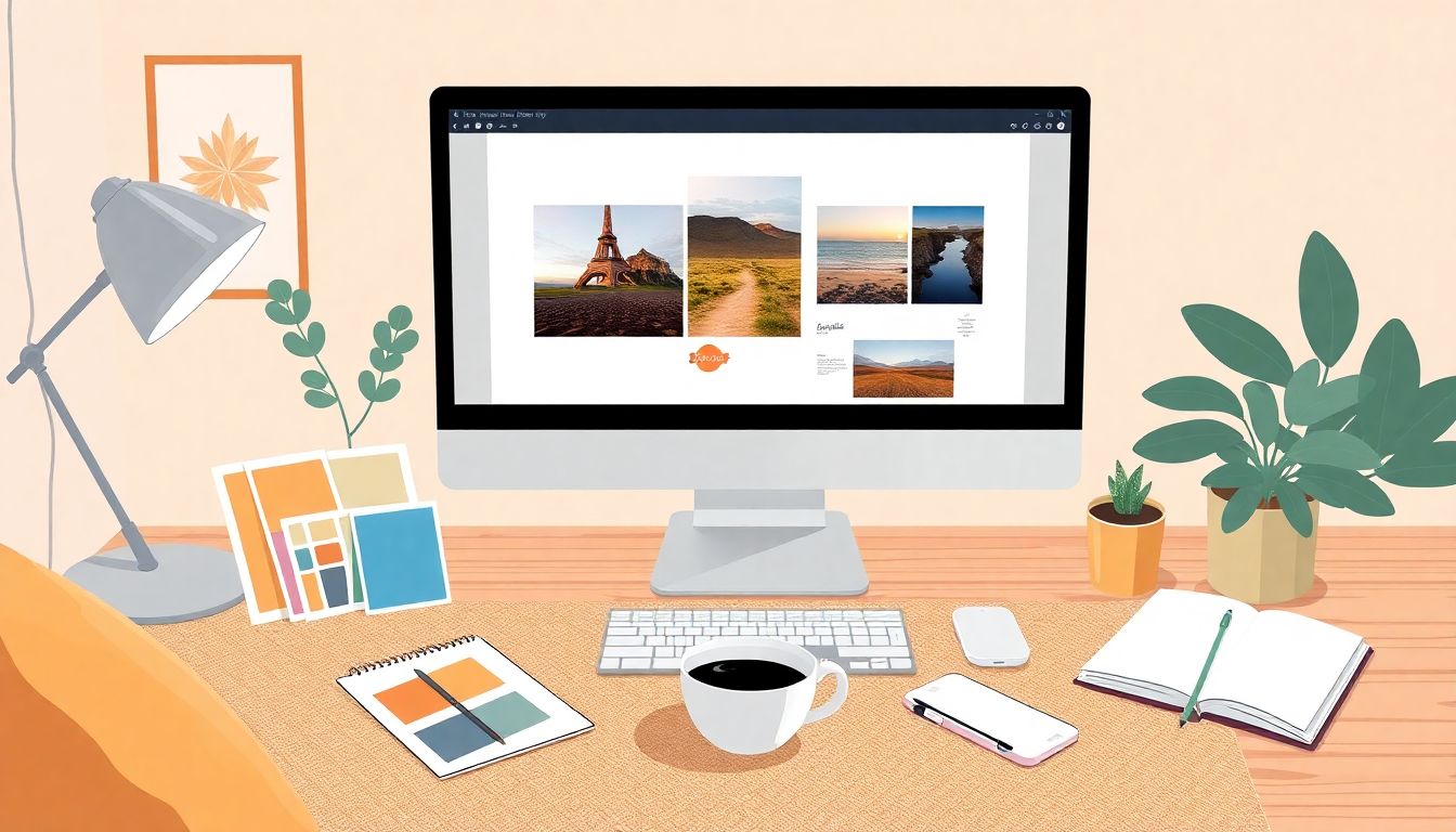 Cozy workspace for designing a digital photo album.