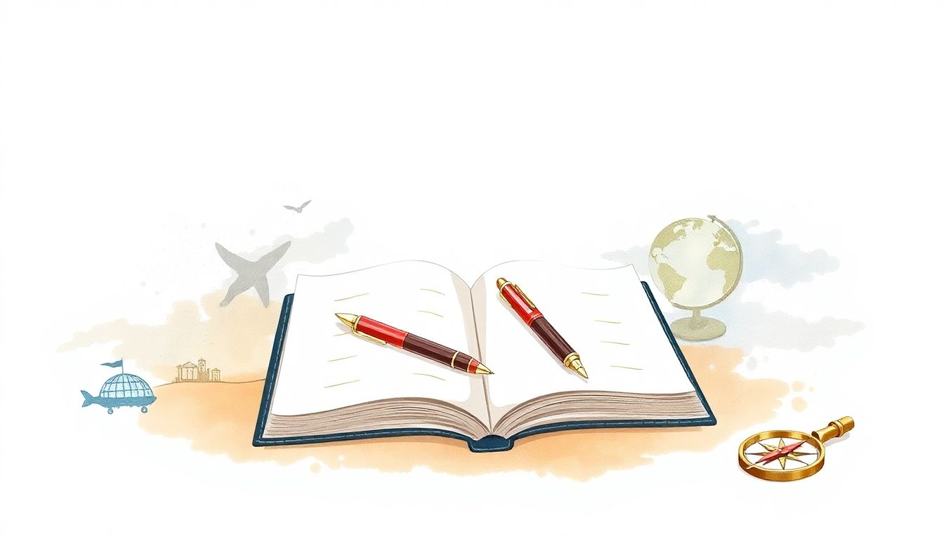 Travel journal with pen and serene landscape.