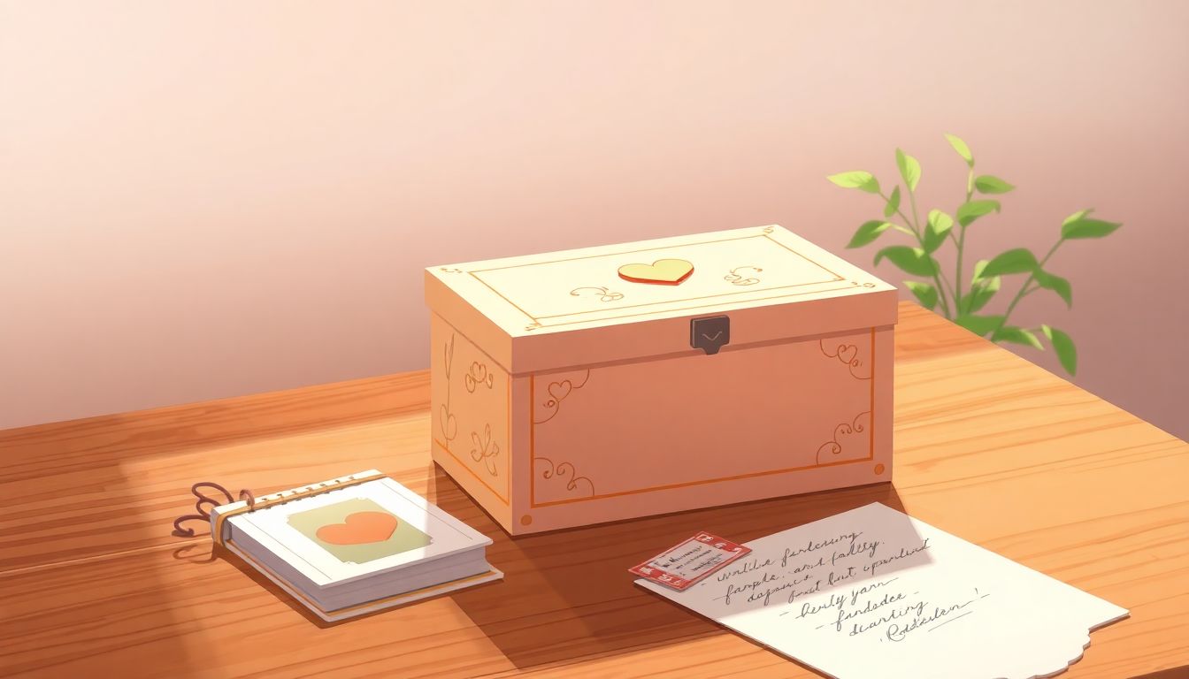 Memory box surrounded by family keepsakes.