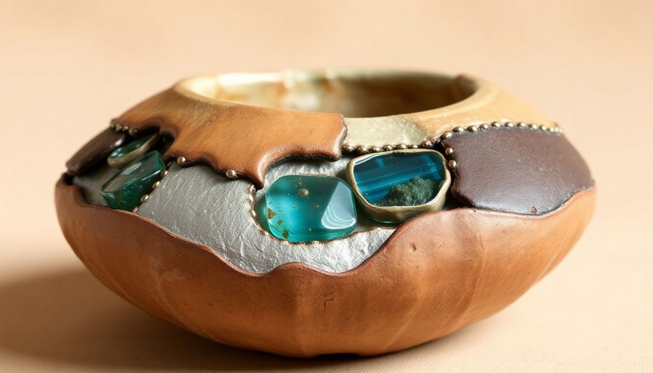 Artistic pottery with clay, metal, and glass.
