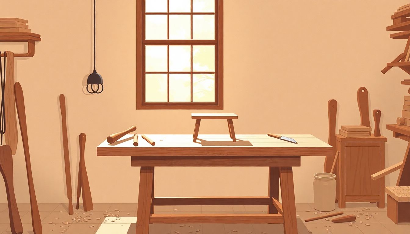 Minimalist woodworking workshop with natural light.