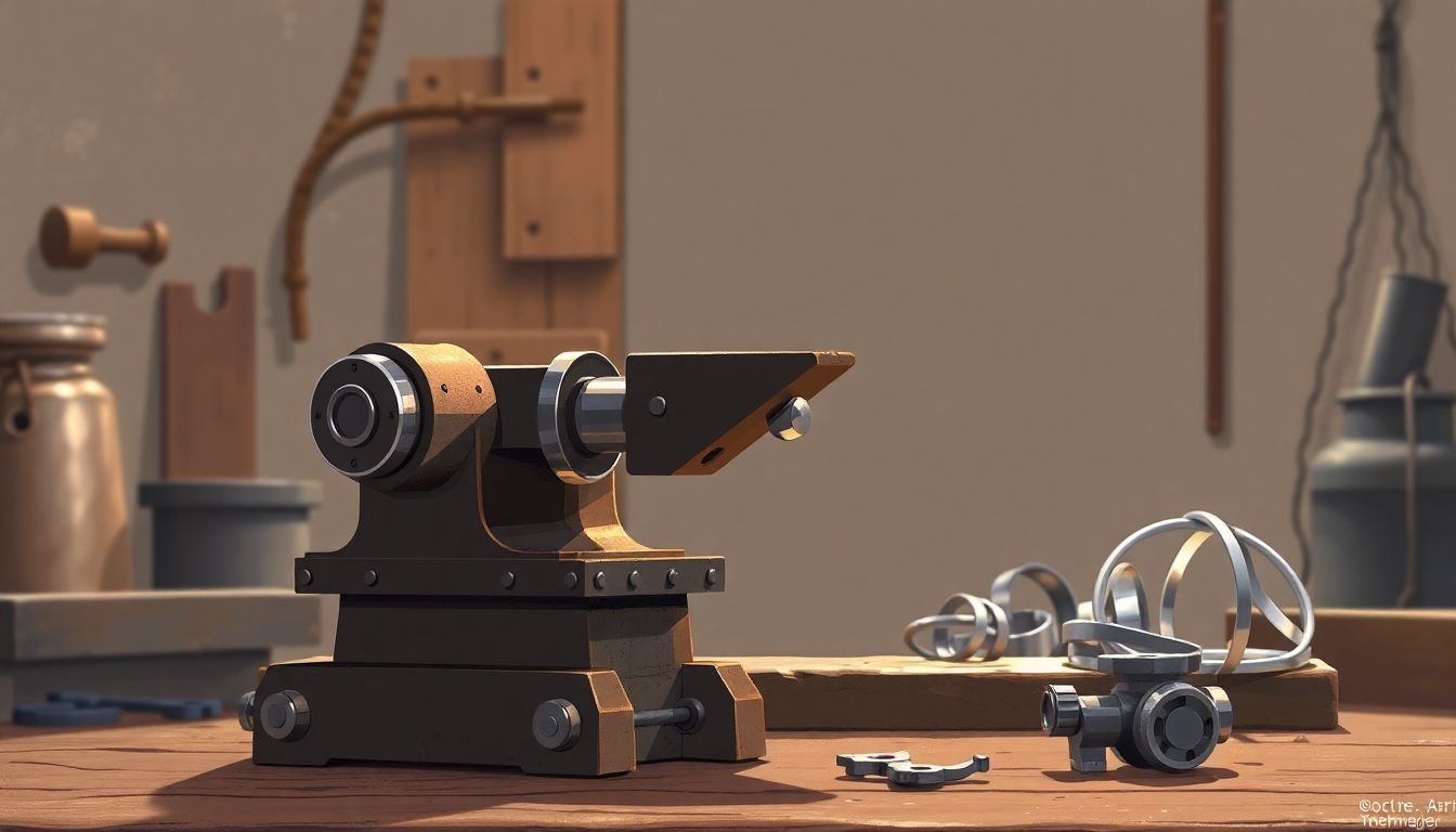 "Serene metalworking workshop with elegant tools."