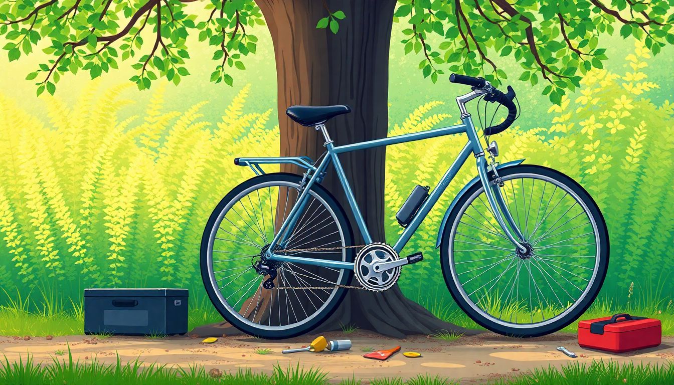 Bicycle resting by a tree with tools.