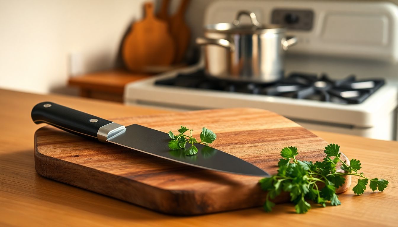 Minimalist kitchen with cutting board and herbs.