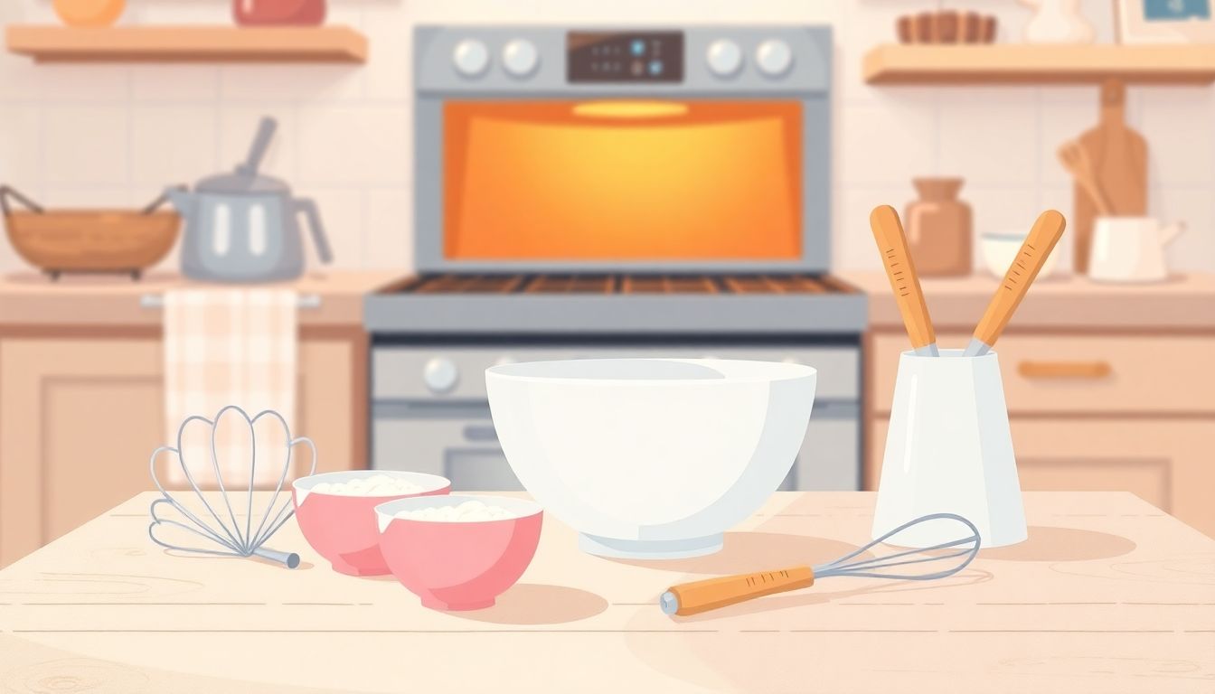 Cozy kitchen with baking essentials on table.