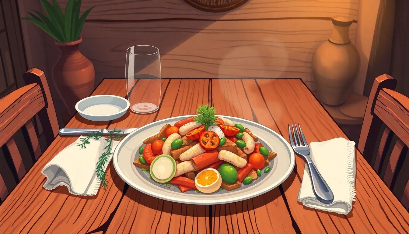 Rustic table set with a traditional meal.