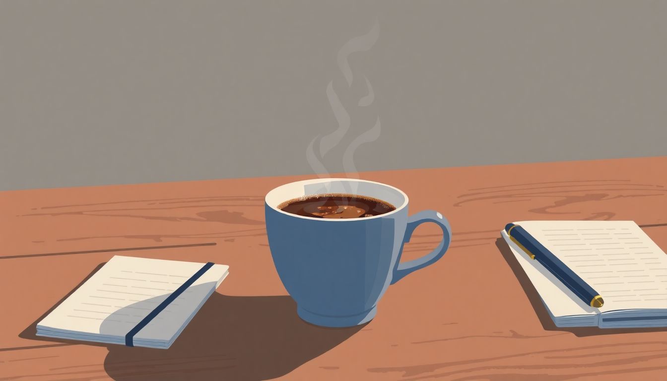Cozy coffee tasting scene with notes and pen.
