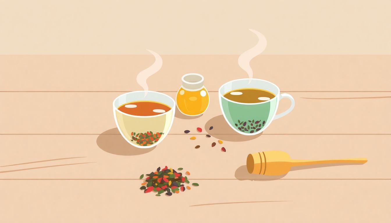 Serene tea blending scene with colorful cups.